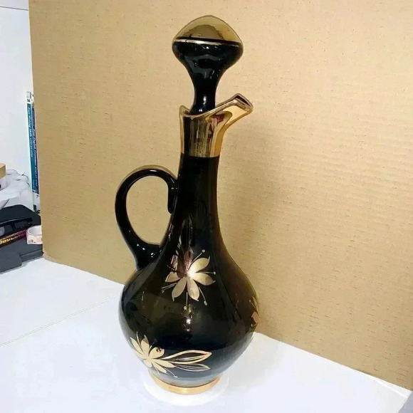 Romanian MidCent Smoked Glass 22k Gold Carafe Decanter Czech Bohemian - Picture 15 of 16